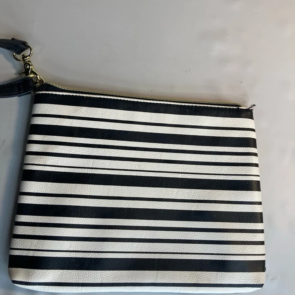 Betsey Johnson white black striped cosmetic make up travel bag